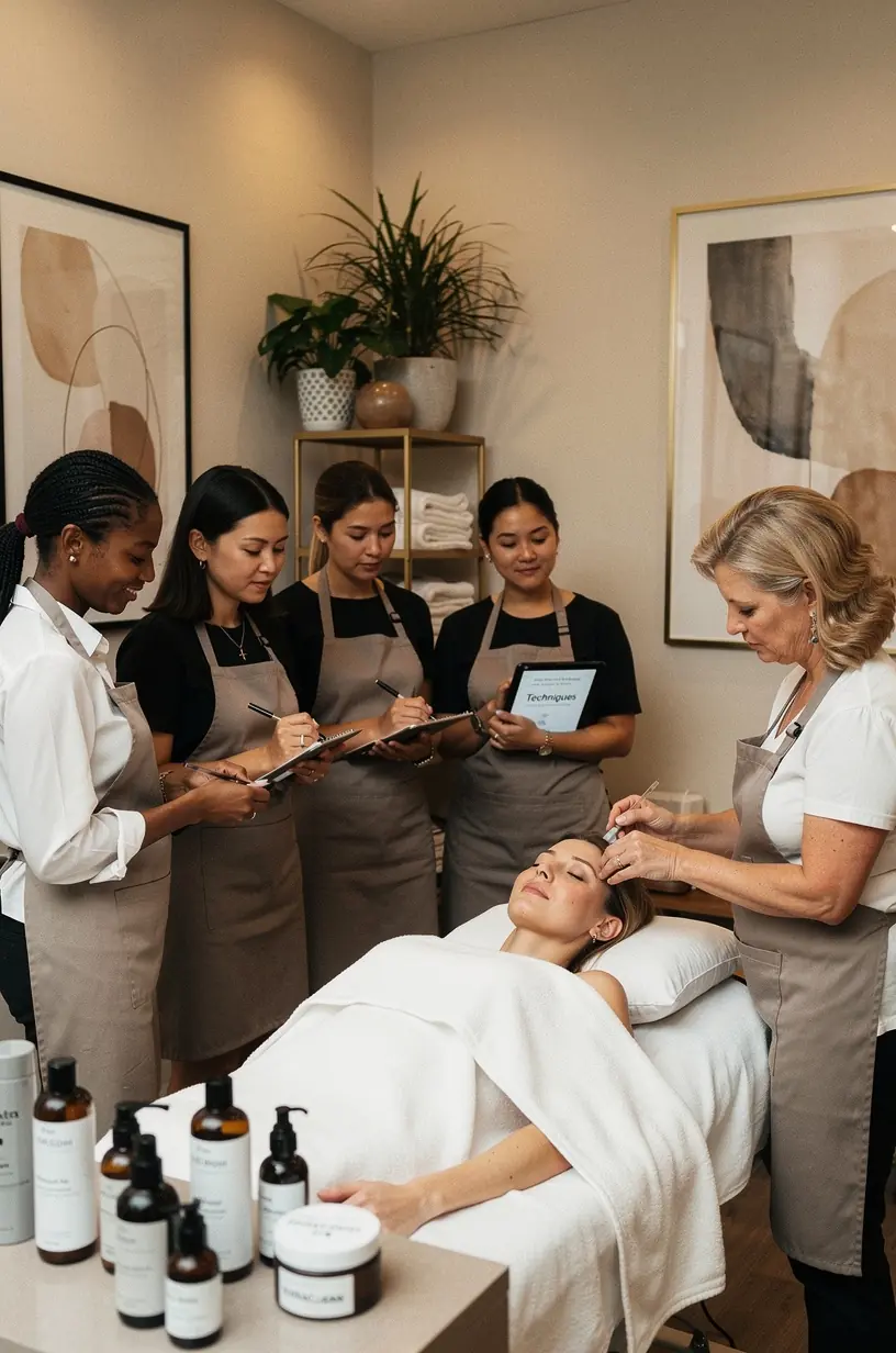 Wnętrze centrum usług piękności z przestrzenią do nauki i praktycznego zastosowania sprzętu kosmetycznego